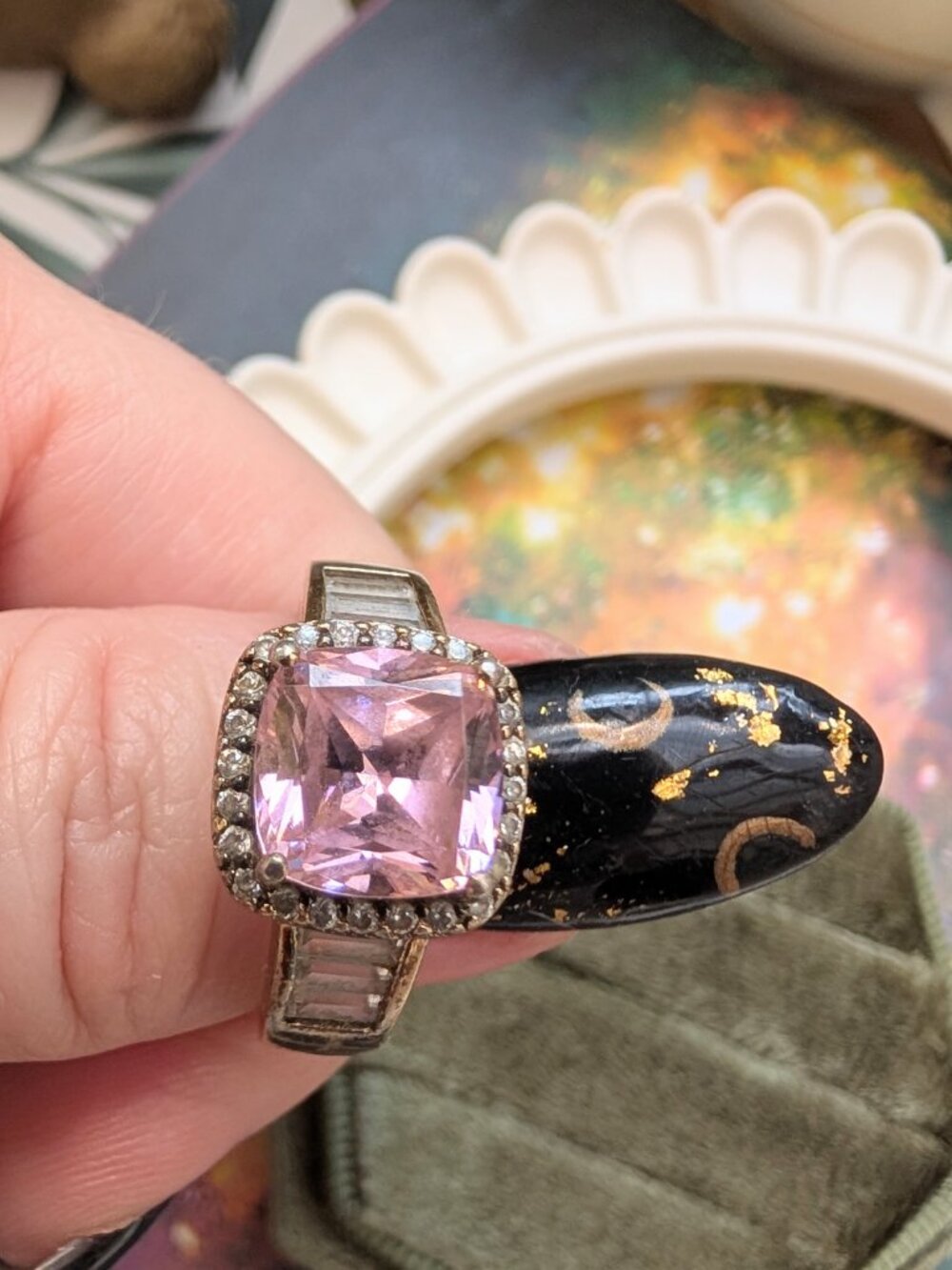 Vintage Sparkling Princess Cut Pink & Clear CZ Sterling Silver Ring, Size 8 - Picture 4 of 16